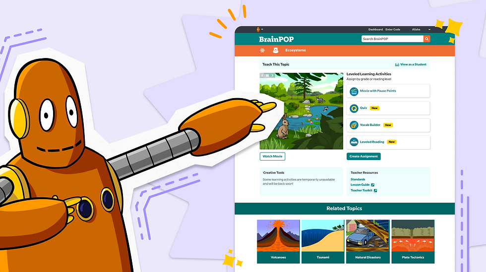 Moby the orange robot points at a screen showing BrainPOP educational content about ecosystems. Background has a light purple hue with stars.