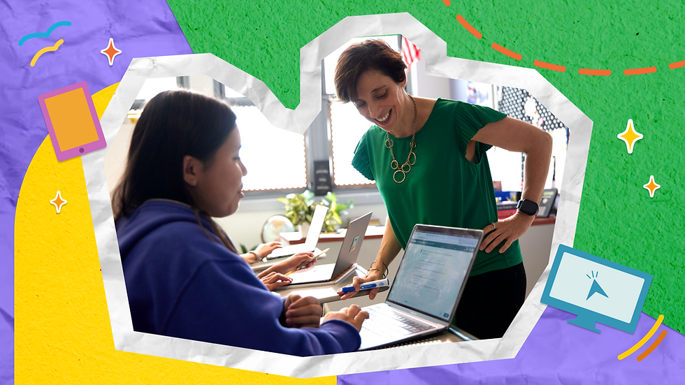 Teacher in green smiles and leans over a student using a laptop in a bright classroom, with colorful graphic border. AI icon. 