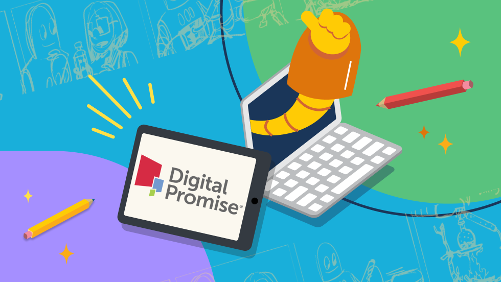Moby's robot arm reaches out of a laptop screen with a thumbs up. Tablet screen displays Digital Promise logo.