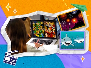 Student watches BrainPOP's World Cup animated educational movie on a laptop. Other screens show stills from BrainPOP's topics on Sharks and Fireworks.