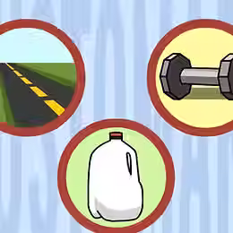 Icons depicting distance using a street, volume using a gallon of milk, and pounds using a barbell