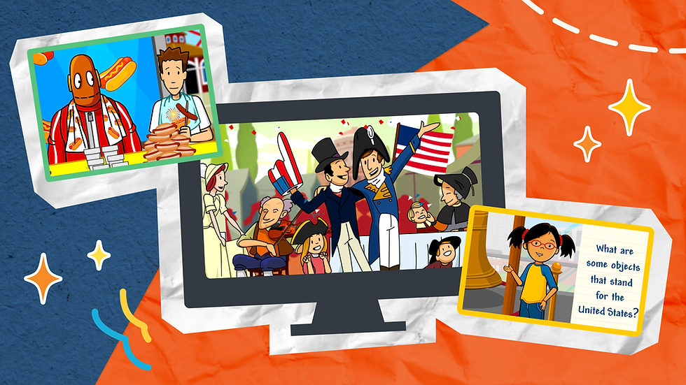 Collage of cartoon patriotic scenes from BrainPOP to celebrate America's semiquincentennial anniversary: Tim and Moby eating hot dogs, cheering parade crowd with American flags and patriotic costumes, and Annie asking what objects stand for the United States?