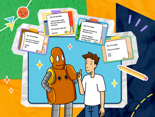 Tim and Moby stand in front of a bright background surrounded by letters from kids asking questions like "Why can't I get to the end of a rainbow?" "I want to start a band but I don't know how to read music. Can you guys teach me?" "What was the American Revolution like?" "Why do we breathe?"