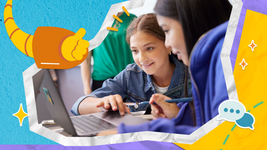 Two smiling students in blue and purple jackets use a laptop together, surrounded by colorful, playful graphics. Mood is joyful and collaborative. A cartoon, orange robot arm extends from the screen.