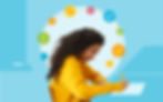 Girl in yellow sweater writing at a desk. Blue background with colorful educational icons in a circular pattern. Mood of focus and learning.