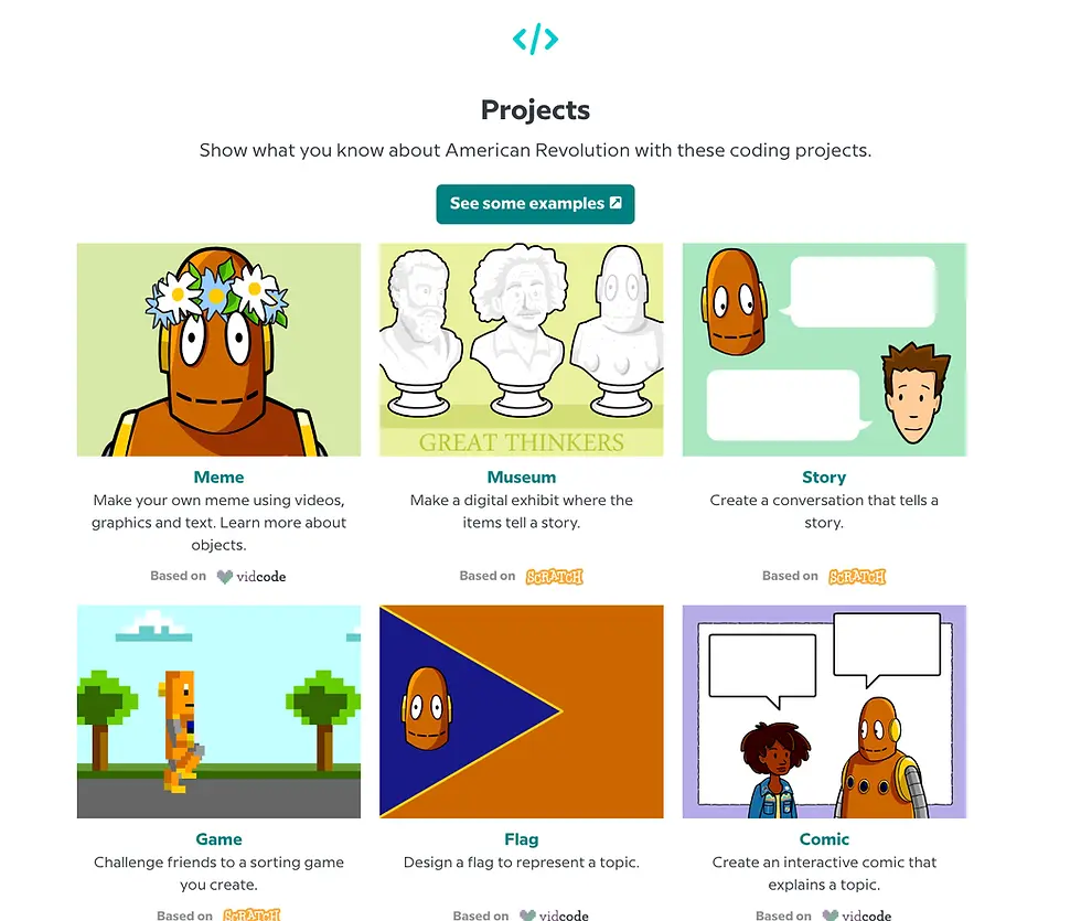 Coding project options include Meme, Museum, Story, Game, Flag, and Comic, each represented by colorful illustrations with text bubbles.