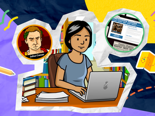 Illustration of a person using a laptop at a desk with books. Background shows BrainPOP movie stills of Julius Caesar and an encyclopedia page. Bright, colorful design.