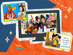 Collage of cartoon patriotic scenes from BrainPOP to celebrate America's semiquincentennial anniversary: Tim and Moby eating hot dogs, cheering parade crowd with American flags and patriotic costumes, and Annie asking what objects stand for the United States?