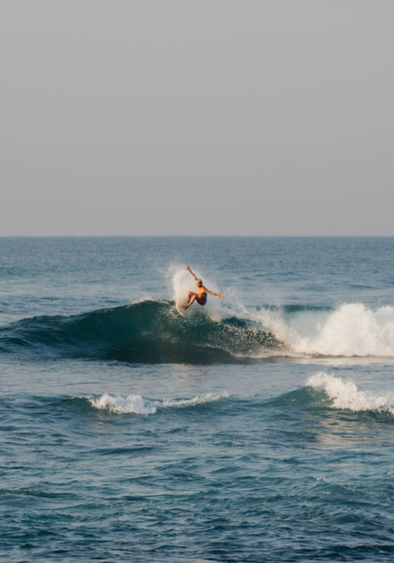 A surfer riding a powerful wave at Midigama, embodying the untamed spirit of the sea.