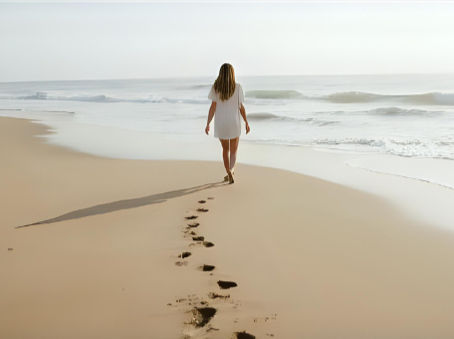A woman in a white dress walks along a sandy beach, leaving a trail of footprints behind her. Though she doesn’t look back, the path she’s walked symbolises the essence of reverse goal setting—recognising how far you’ve come to inform where you’re going. Gentle waves and soft light create a peaceful, reflective mood.