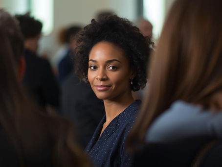 A woman stands at a networking event, pausing mid-conversation, grounded in a quiet moment of self-connection.
