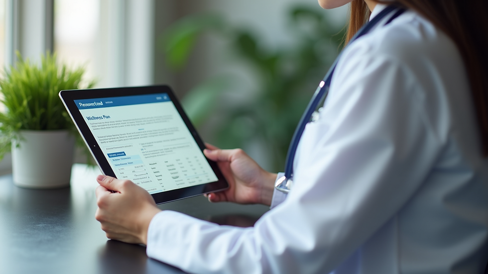 Close-up view of a health professional reviewing a personalized wellness plan on a tablet