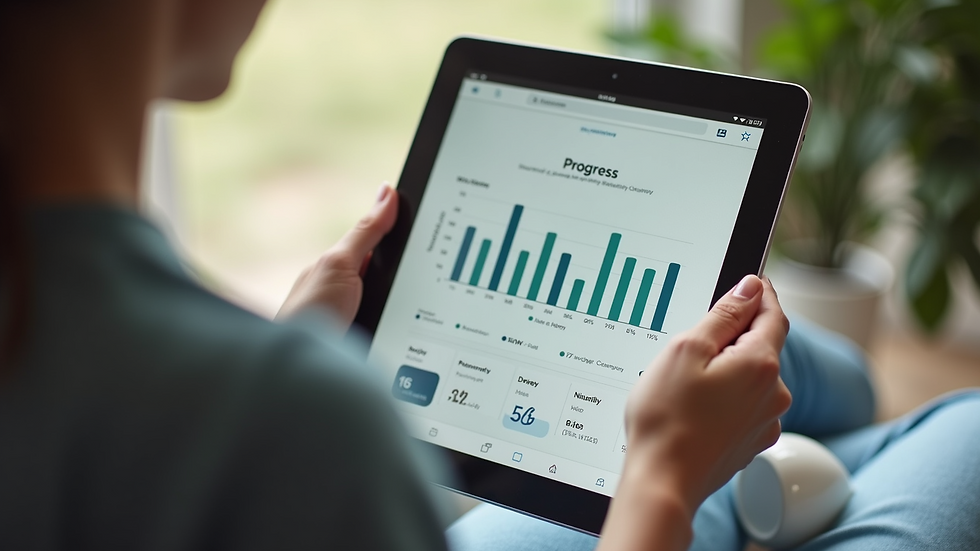 High angle view of a tablet displaying a wellness app with progress charts