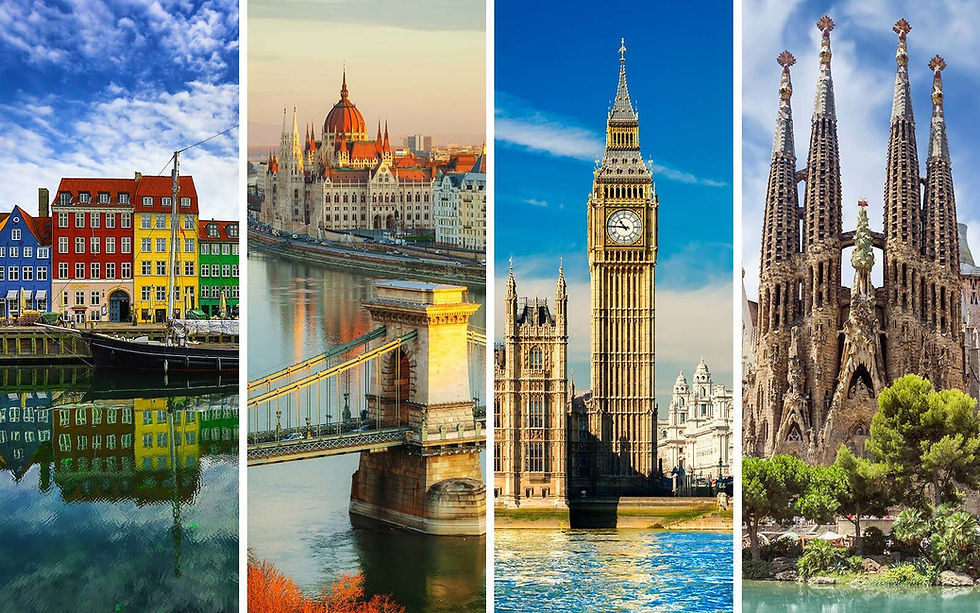 Europe travel inspiration featuring Copenhagen, Budapest, London, and Barcelona for custom Europe trip planning and river cruise travel
