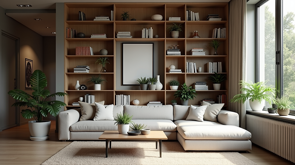 High angle view of built-in shelving filled with books and plants in a living room