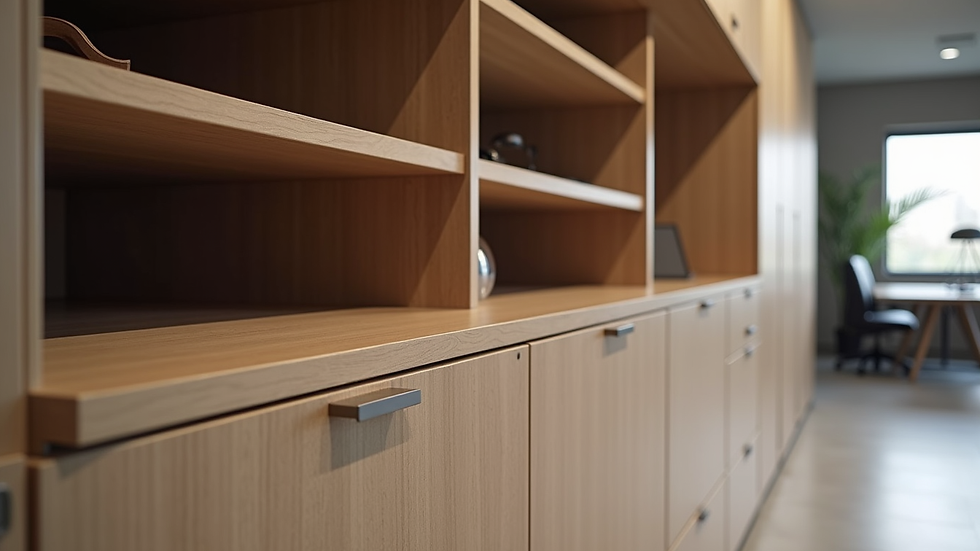 Close-up view of a bespoke office storage unit with open shelves and closed cabinets