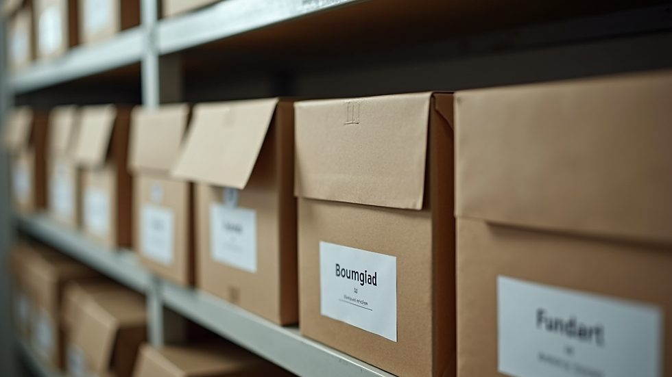 Close-up view of labelled storage boxes neatly arranged on a shelf