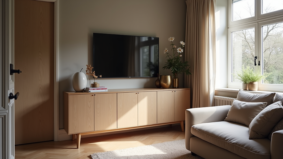 High angle view of a bespoke storage unit in a small living room corner