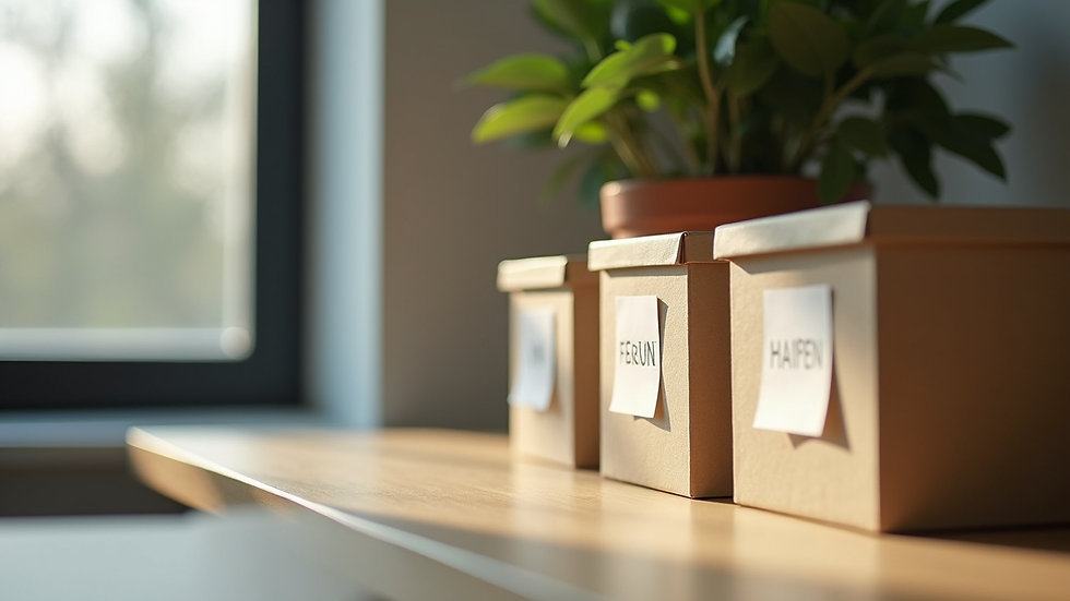 Close-up view of a tidy desk with labelled storage boxes and a small plant