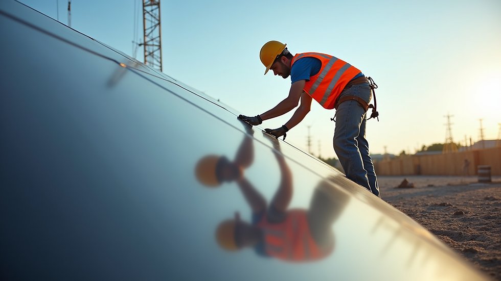 Eye-level view of a construction site with workers installing solar panels