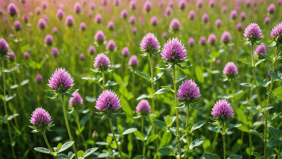 Eye-level view of blooming red clover in a natural meadow