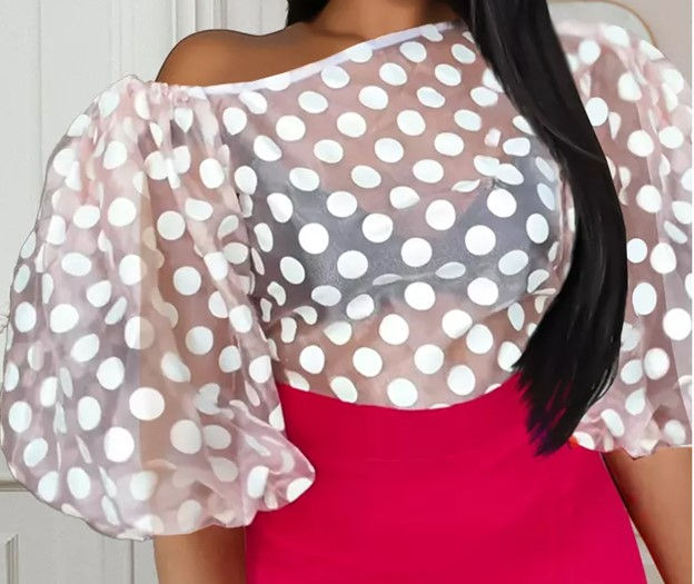 Thumbnail: Black Big Puff Sleeve See through Off Shoulder Polka Dot Blouse