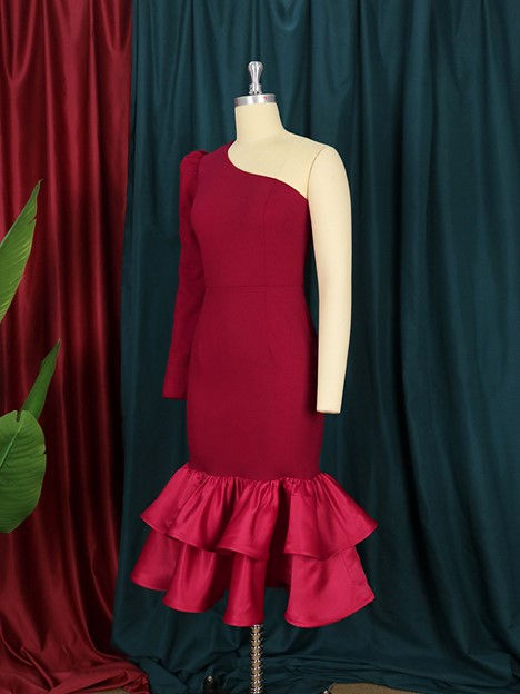 Thumbnail: One Shoulder Rose Pink Ruffle Dress
