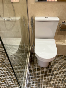 White toilet next to glass shower enclosure, tiled floor and walls.