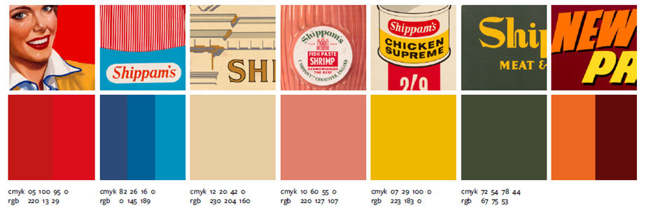 Exhibition colour palette inspired from the Shippam's advertising archive