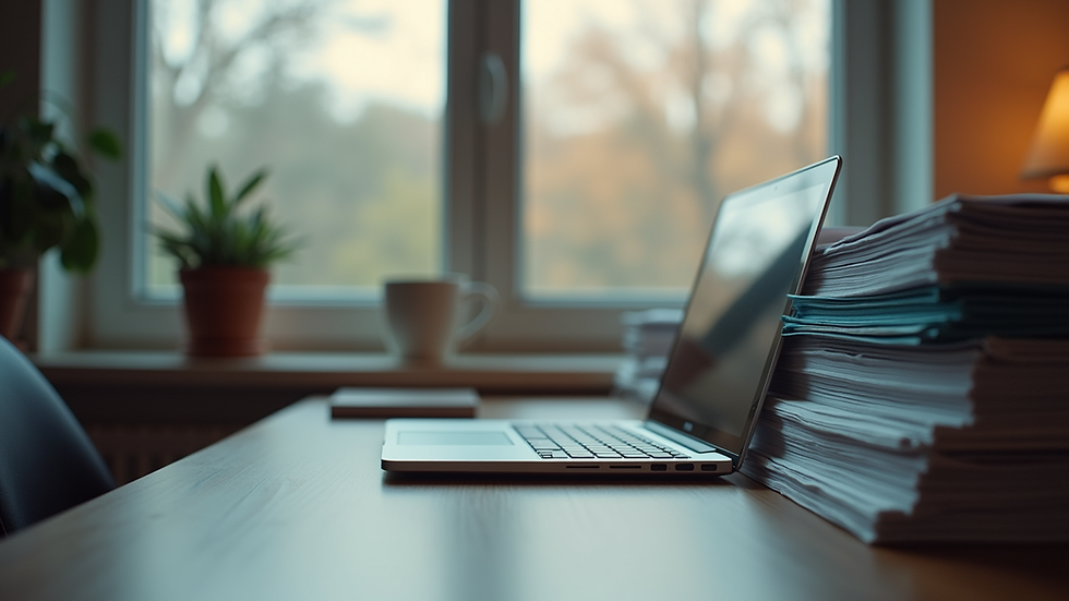 Eye-level view of a small office desk with a laptop and organized files