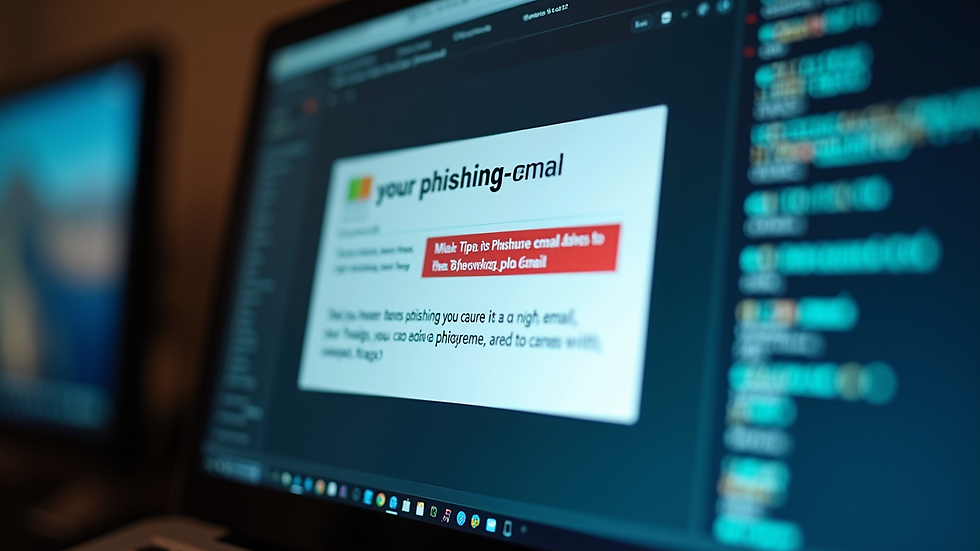 Eye-level view of a computer screen displaying a phishing email warning