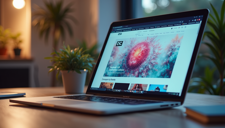Eye-level view of a laptop screen displaying a colorful website design
