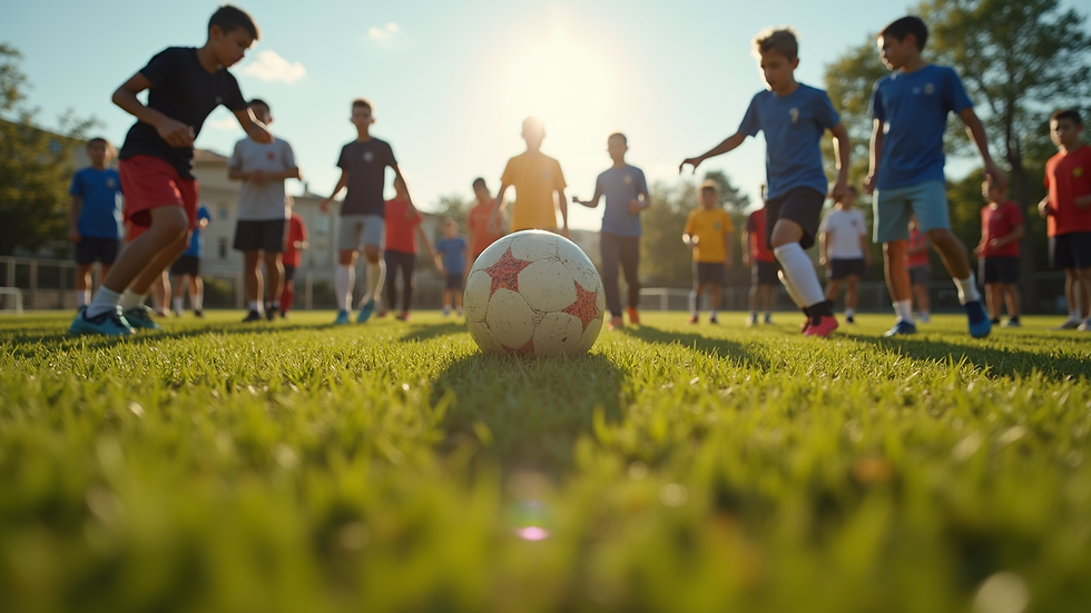 High angle view of a soccer camp group session on a sunny day