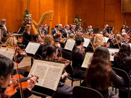 An orchestra full of musicians look at their sheet music as they play their instruments.