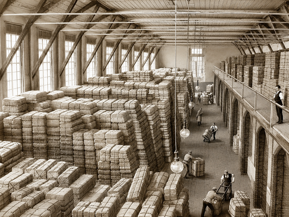 Tabaklager der Zigarettenfabrik A. Batschari in Baden-Baden um 1910. Historische Industriehalle mit gelagerten Tabakballen und Arbeitern in der ehemaligen Fabrik, die heute als denkmalgeschütztes Batschari Palais die Ferienwohnungen Schwarzwald Loft beherbergt.