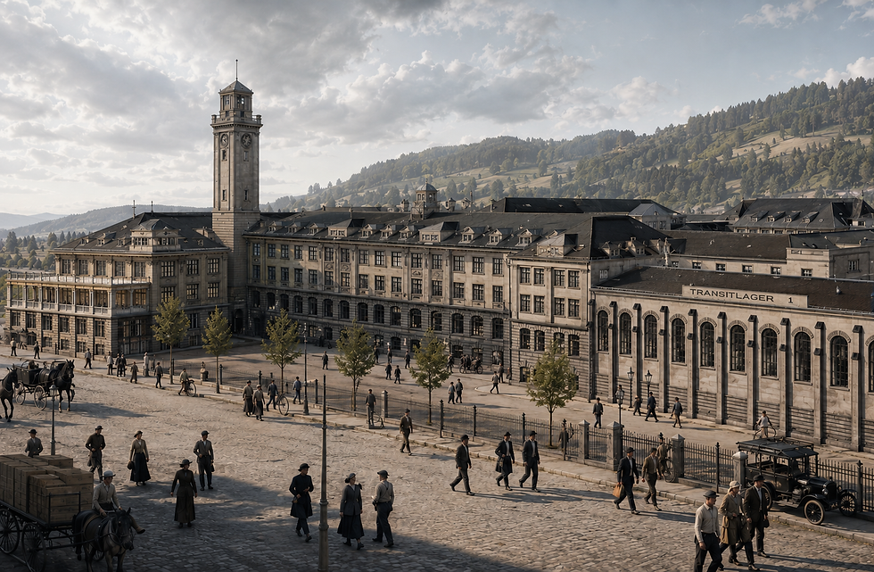 Ehemalige Zigarettenfabrik A. Batschari in Baden-Baden um 1910 mit Arbeitern vor dem Fabrikgebäude. Historische Industriearchitektur der späteren Schwarzwald Loft Ferienwohnungen im denkmalgeschützten Batschari Palais.