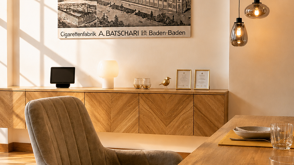 Elegante eetkamer met houten tafel, grijze fauteuils en hanglampen; muurschildering met de inscriptie "A. BATSCARI Sigarettenfabriek Baden-Baden".