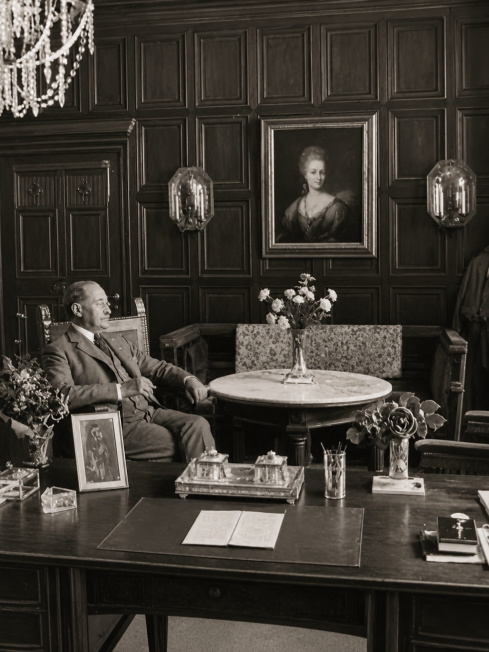 Historische Aufnahme von August Batschari in seinem Büro der Zigarettenfabrik Baden-Baden um 1910. Der Gründer sitzt vor einem Schreibtisch in einem repräsentativen holzvertäfelten Raum.