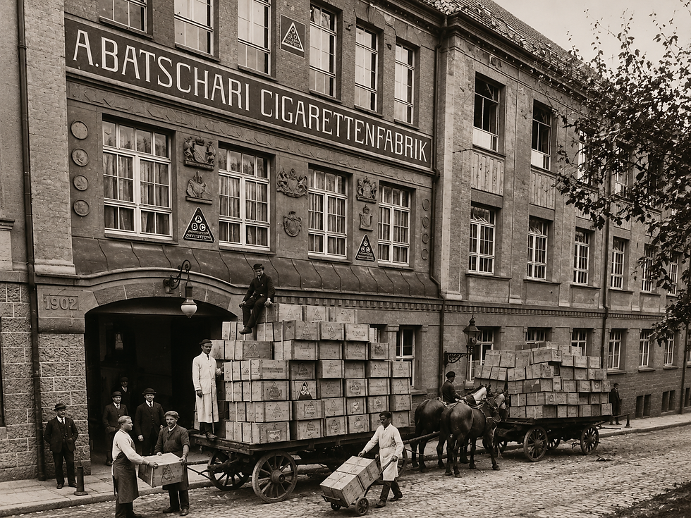 Historische Aufnahme der Zigarettenfabrik A. Batschari in Baden-Baden um 1902 mit Arbeitern, Pferdefuhrwerken und verladenen Zigarettenkisten vor dem denkmalgeschützten Fabrikgebäude des heutigen Schwarzwald Loft.