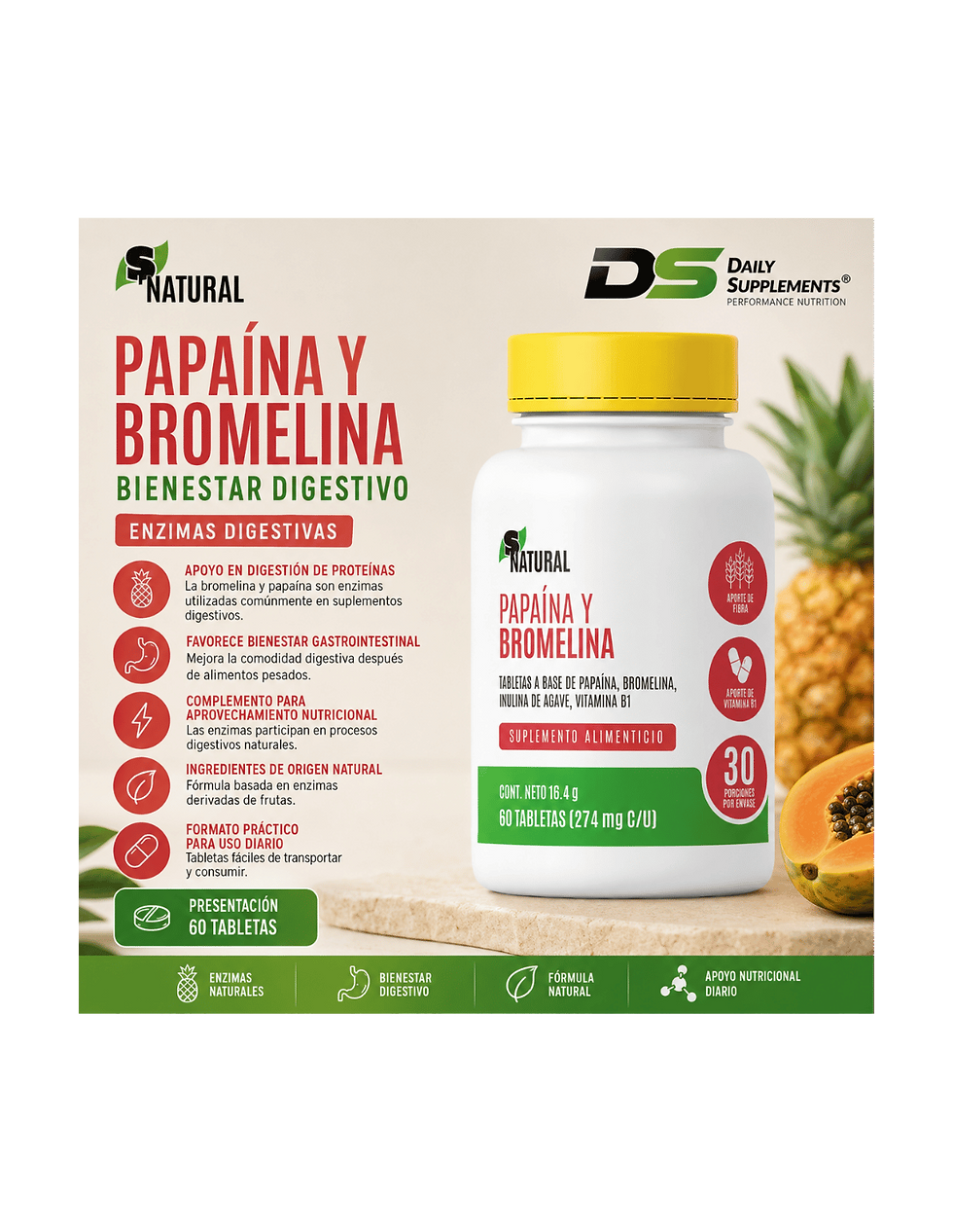 Miniatura: S Natural Papaina y Bromelina 60 Tabs | Enzimas Digestivas y Bienestar