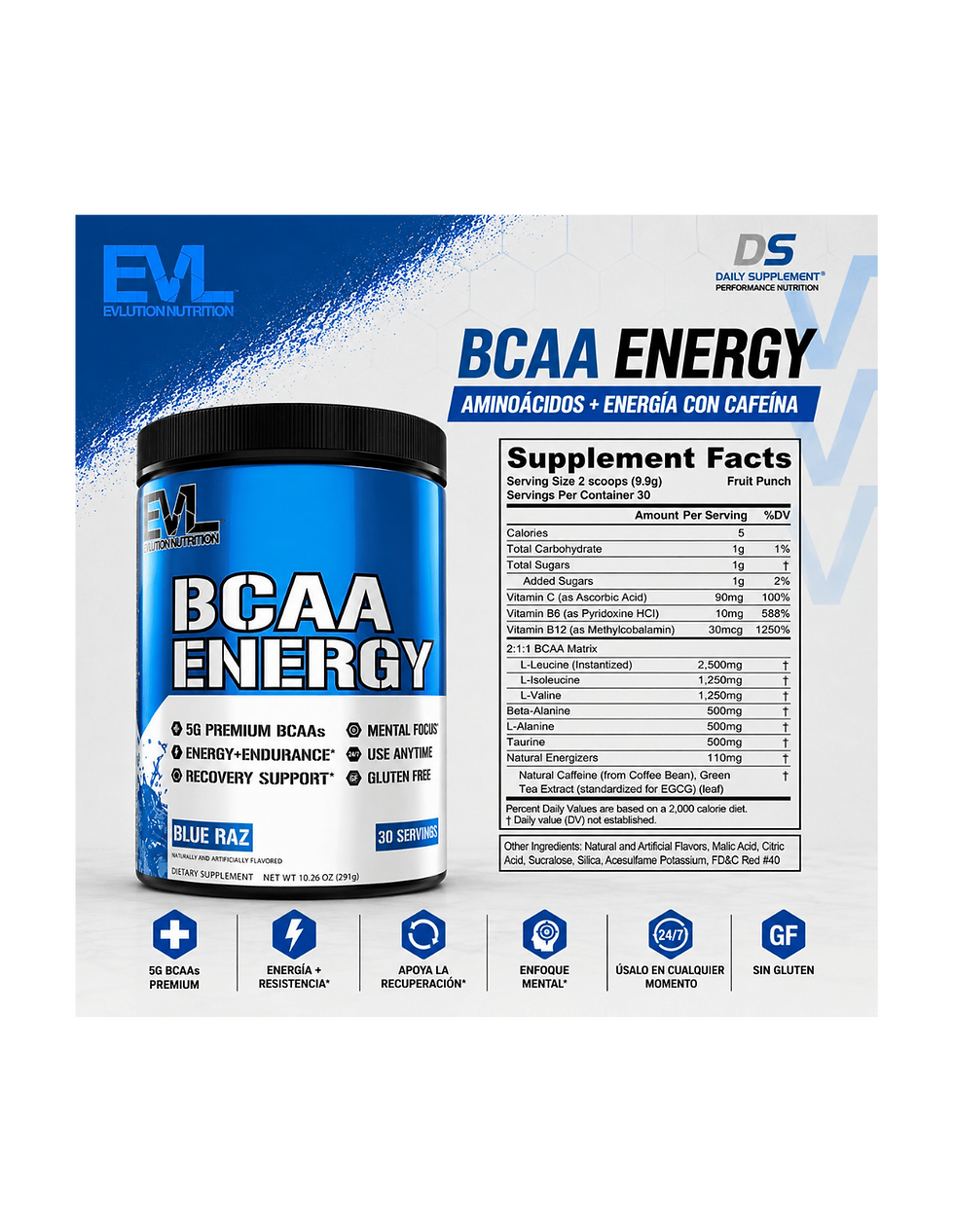 Miniatura: EVL BCAA Energy 30 Serv – Aminoácidos + Energía con Cafeína