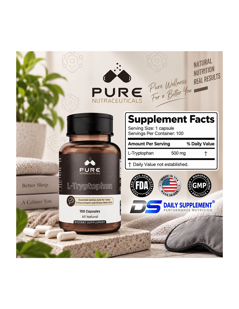Miniatura: Pure Nutraceuticals L-Tryptophan 500 mg 100 Caps | Triptófano