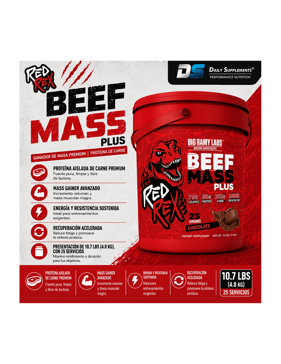 Miniatura: Red Rex Beef Mass Plus 10.7 Lbs | Ganador de Masa Premium | Proteína de Carne