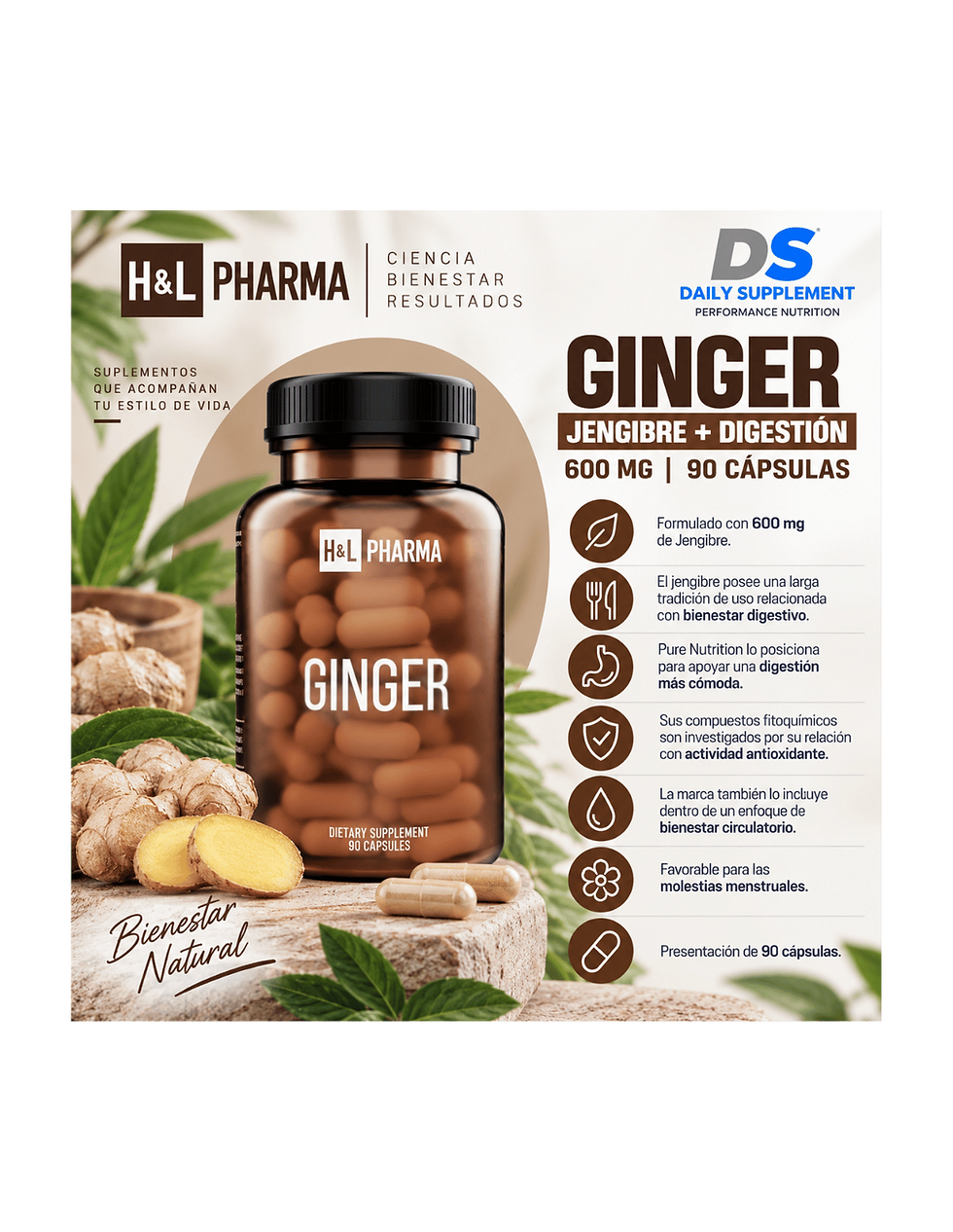 Miniatura: H&L Pharma Ginger 600 Mg 90 Caps | Jengibre + Digestión