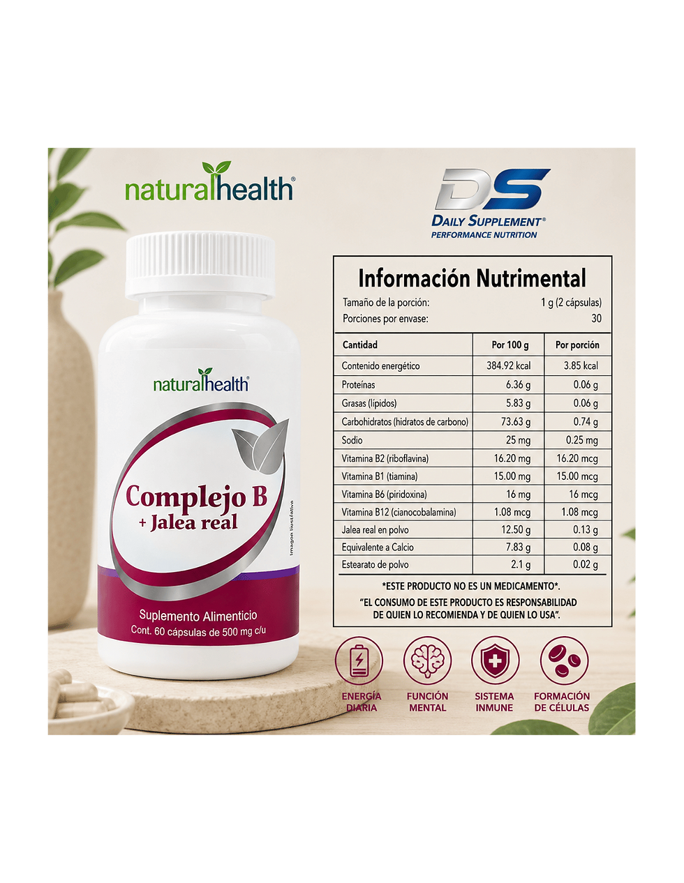 Miniatura: Natural Complejo B + Jalea Real 500 mg 60 Caps Linea Blanca | Energia