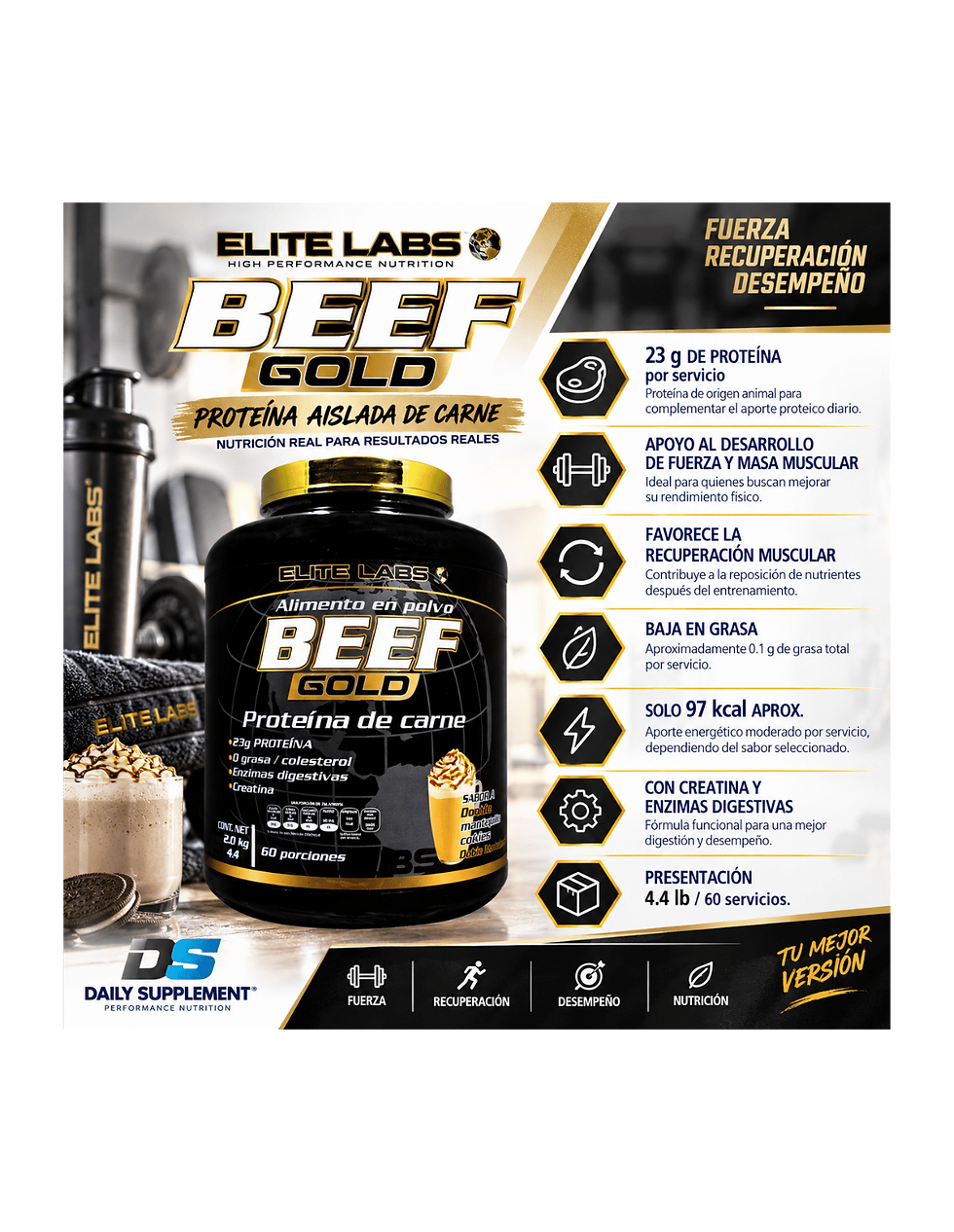 Miniatura: Elite Labs Beef Gold 4.4 lb | 23 g Proteína | 60 Serv | Proteína de Carne