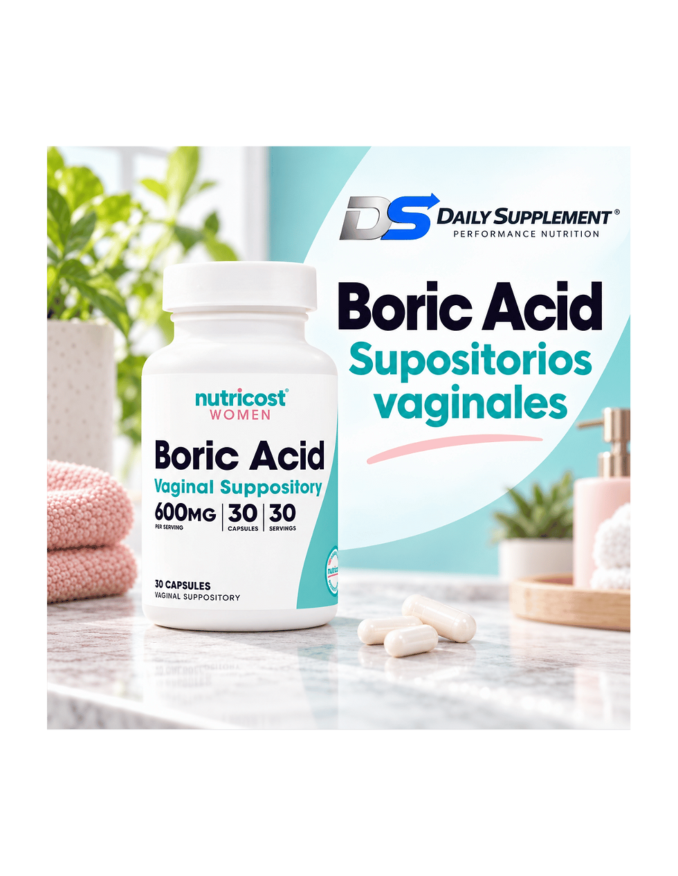 Miniatura: Nutricost Boric Acid 600 mg 60 Caps | Supositorios Vaginales