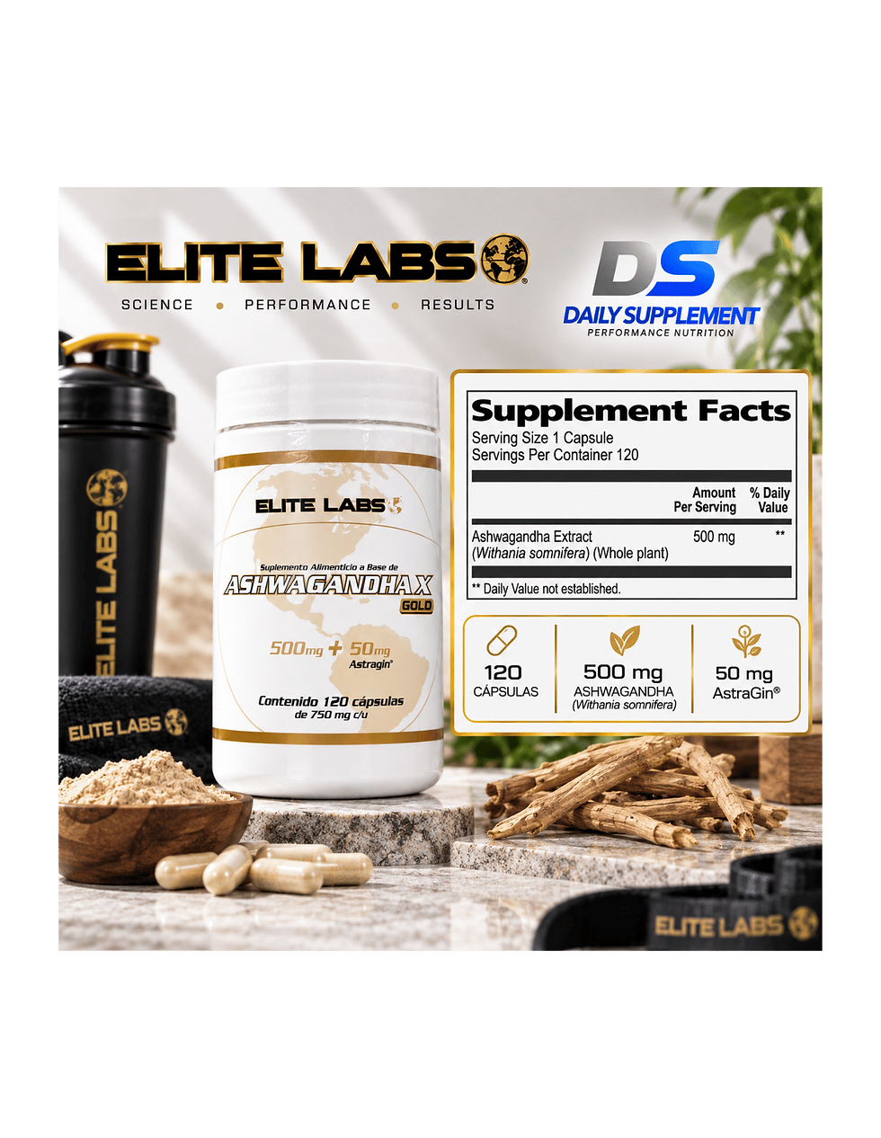 Miniatura: Elite Labs Ashwagandha X Gold 500 mg | AstraGin | 120 Caps | Antiestrés Natural