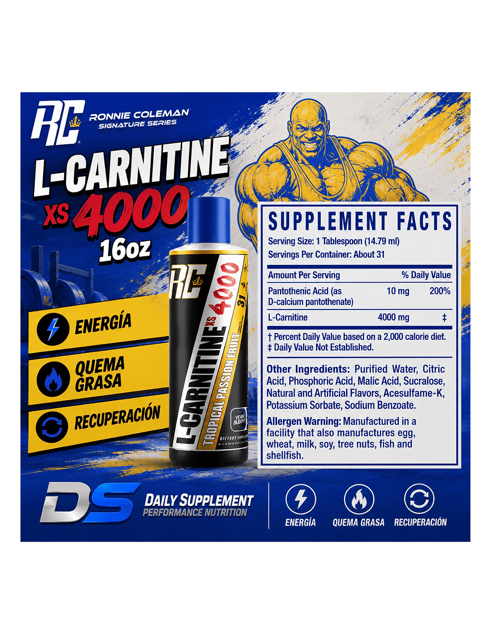 Miniatura: Ronnie Coleman L-Carnitine 4000 16oz – Energía, Quema Grasa y Recuperación