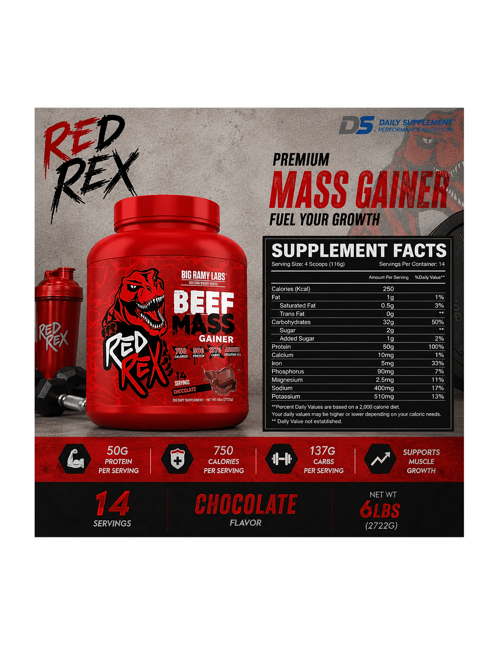 Miniatura: Red Rex Beef Mass Gainer 6 Lbs | Ganador de Masa Muscular | Proteína de Carne